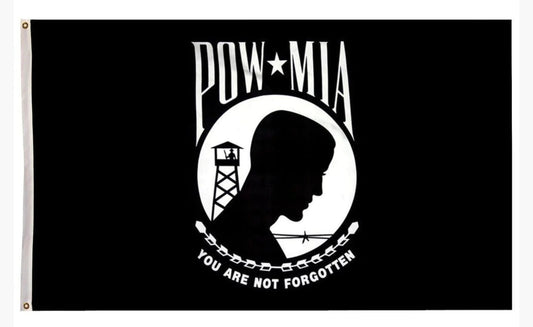 Black flag with POW/MIA emblem and text on a white background