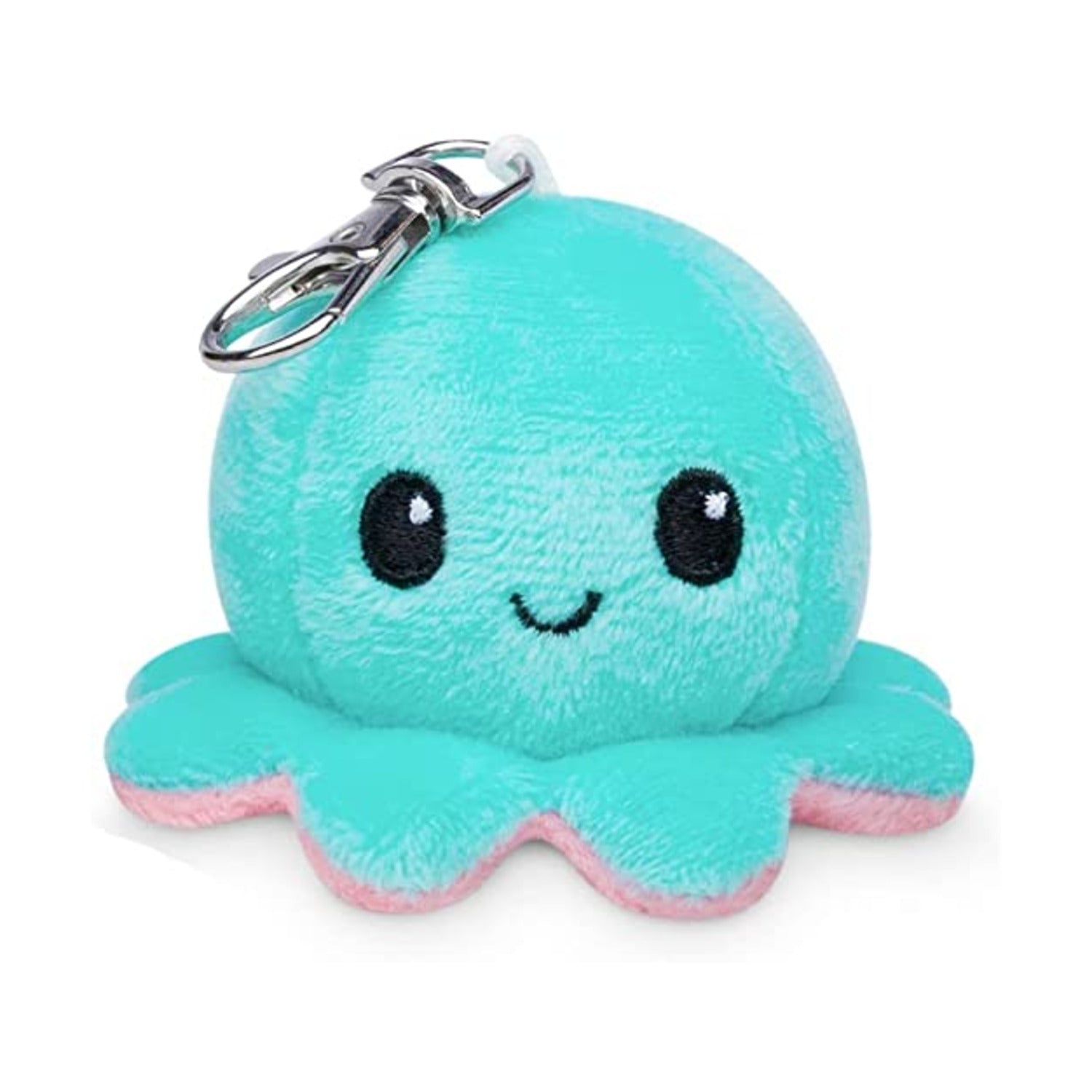 Turquoise plush octopus keychain with a happy face on a white background