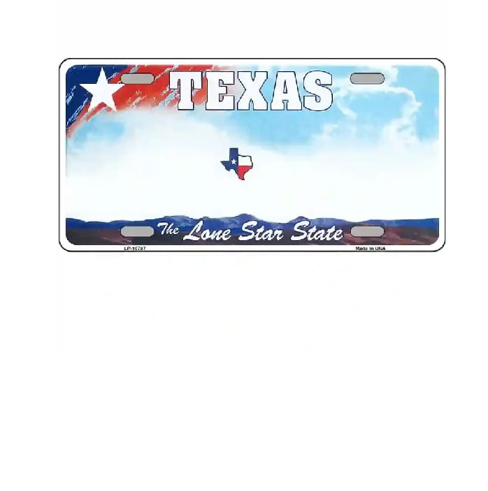 Texas license plate with American flag design on a white background