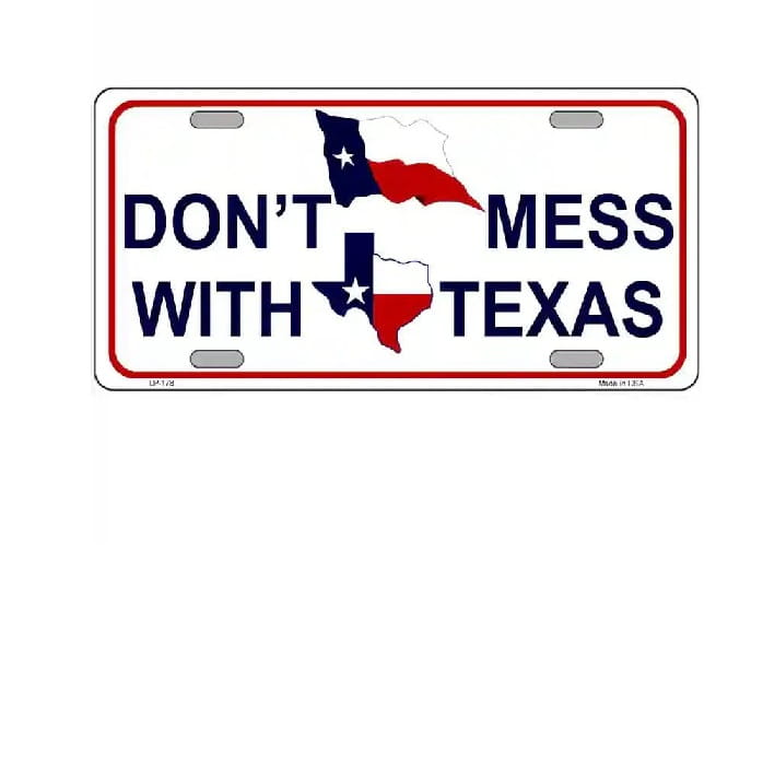 License plate with 'Don't Mess with Texas' text and state outline on a white background
