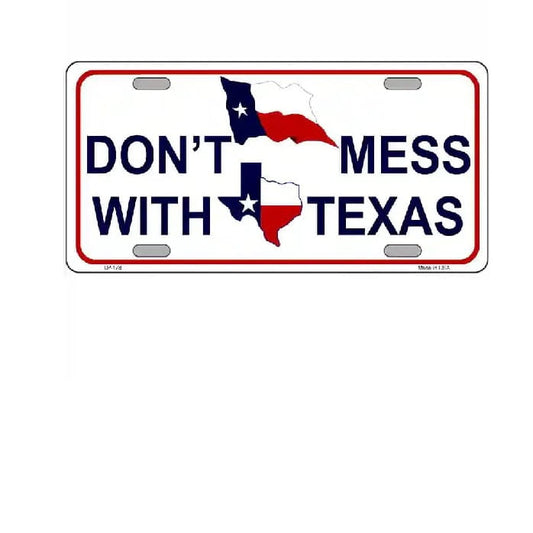 License plate with 'Don't Mess with Texas' text and state outline on a white background