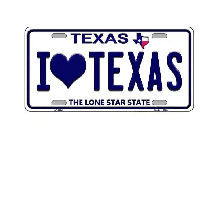 Texas license plate with 'I ❤️ Texas' text on a white background