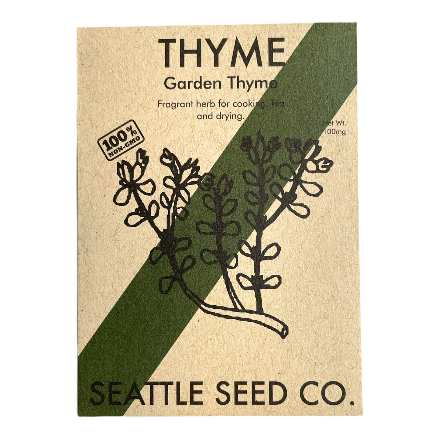 Seattle Seed Co. thyme seed packet with botanical illustration and brand name.