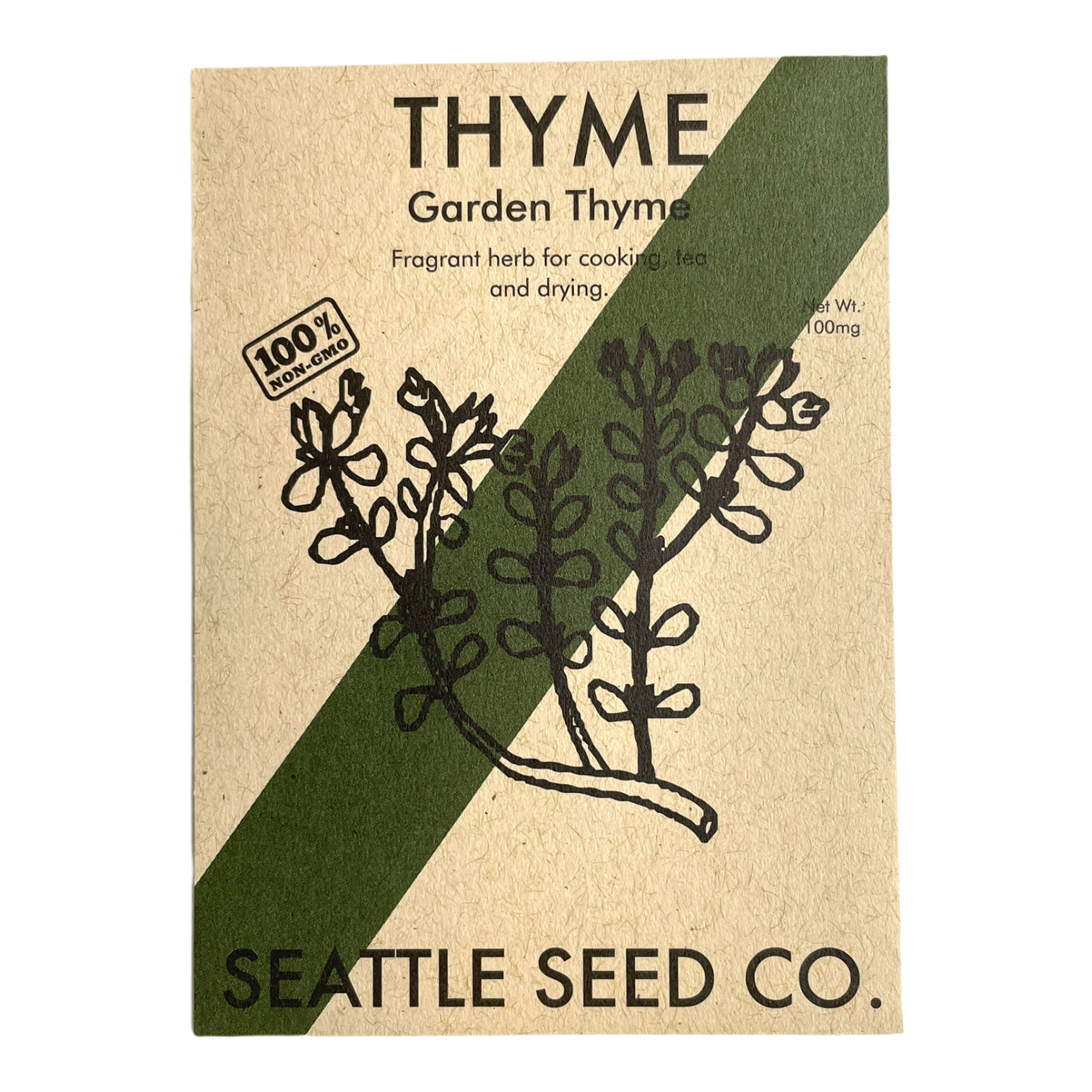 Seattle Seed Co. thyme seed packet with botanical illustration and brand name.