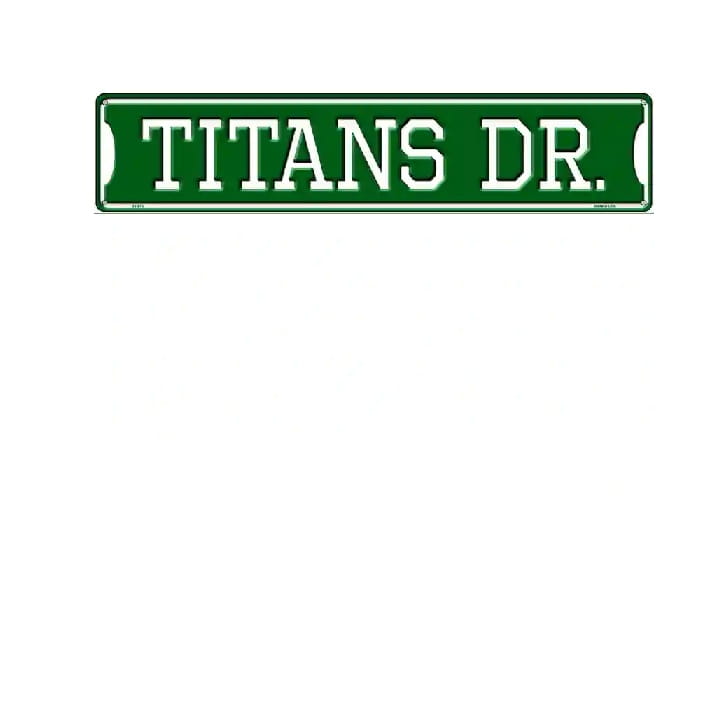 Green street sign with 'TITANS DR.' text on a white background