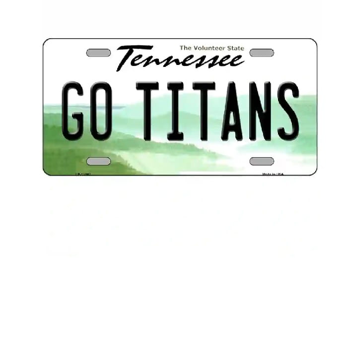 License plate with 'GO TITANS' text and a scenic Tennessee background