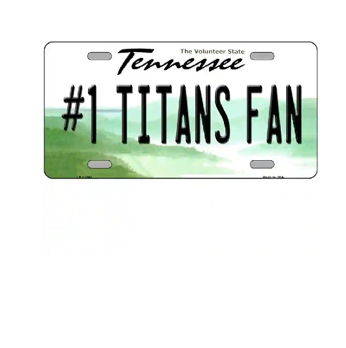 License plate with '#1 Titans Fan' text and green watercolor design on a white background