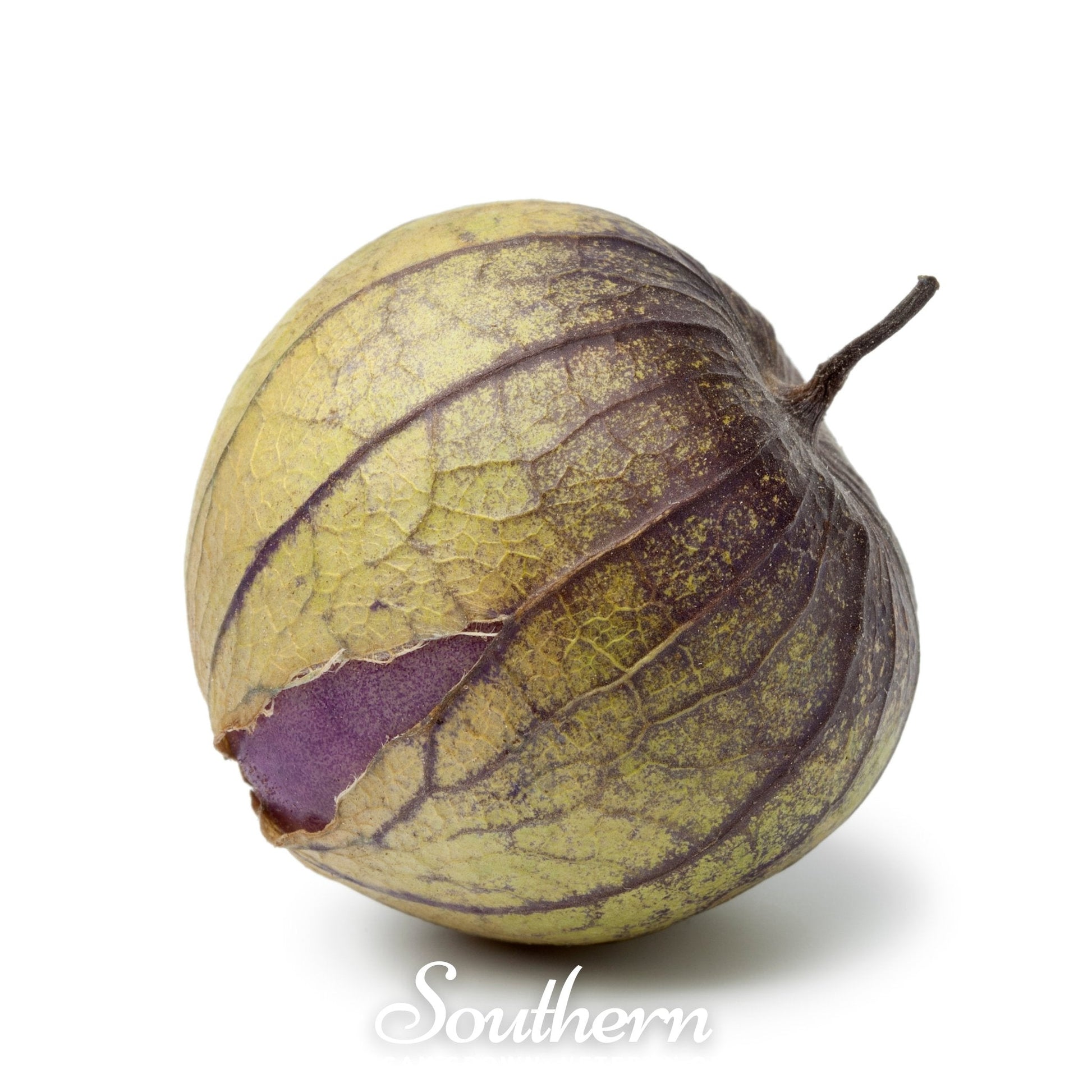 Physalis fruit with a purple stem on a white background, branded 'Southern'.
