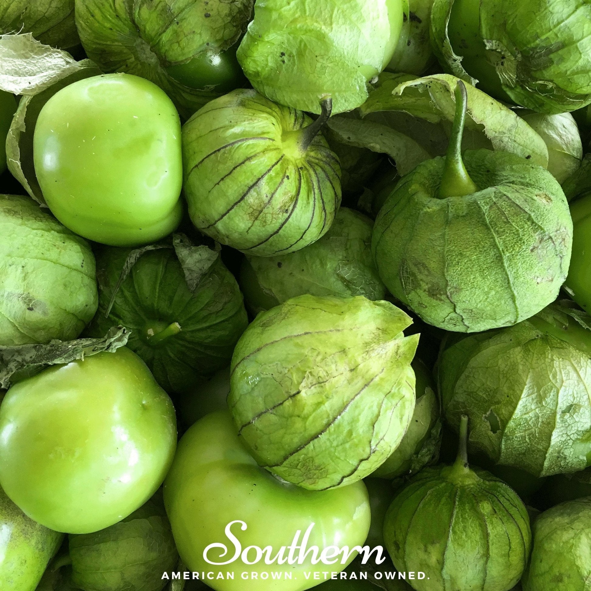 Close-up of green tomatillos with 'Southern' brand logo.