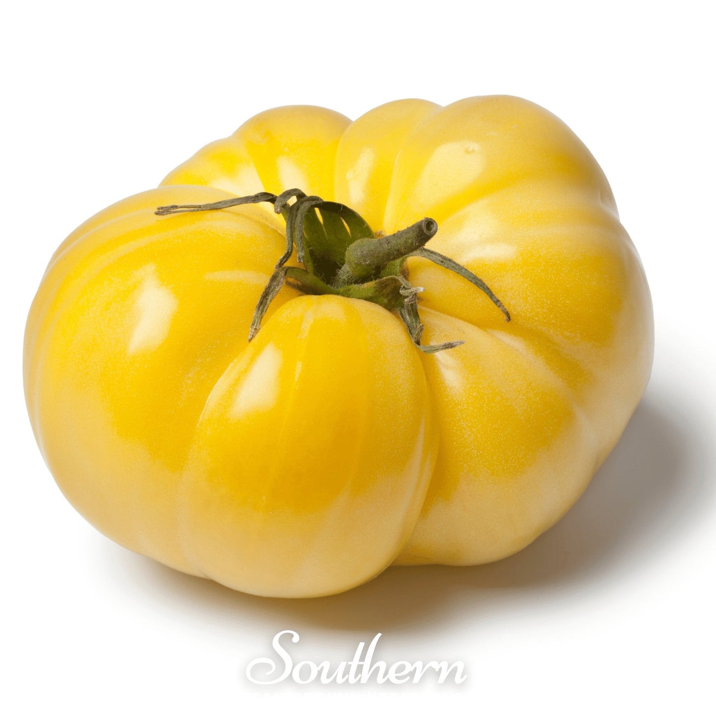 Yellow tomato with green stem on a white background, branded 'Southern'.
