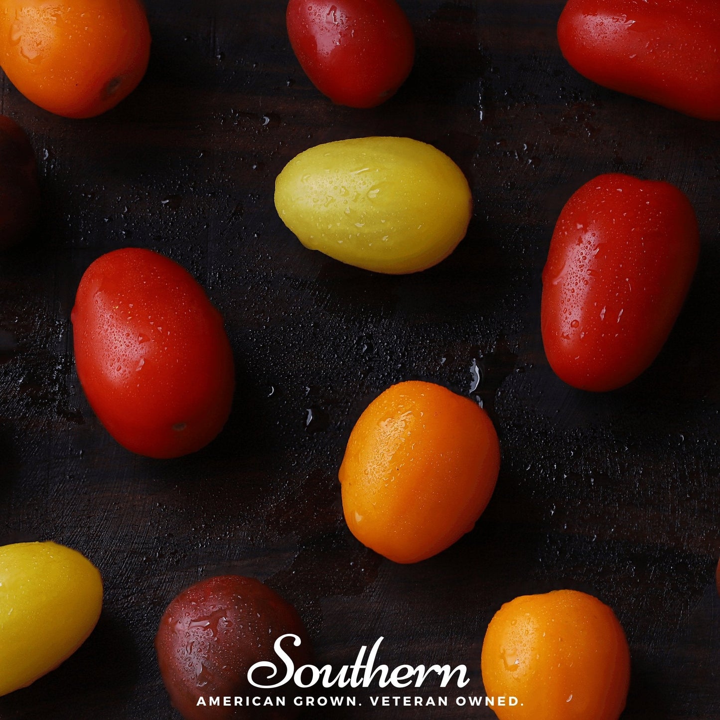 Colorful cherry tomatoes on a dark surface with 'Southern' brand text.