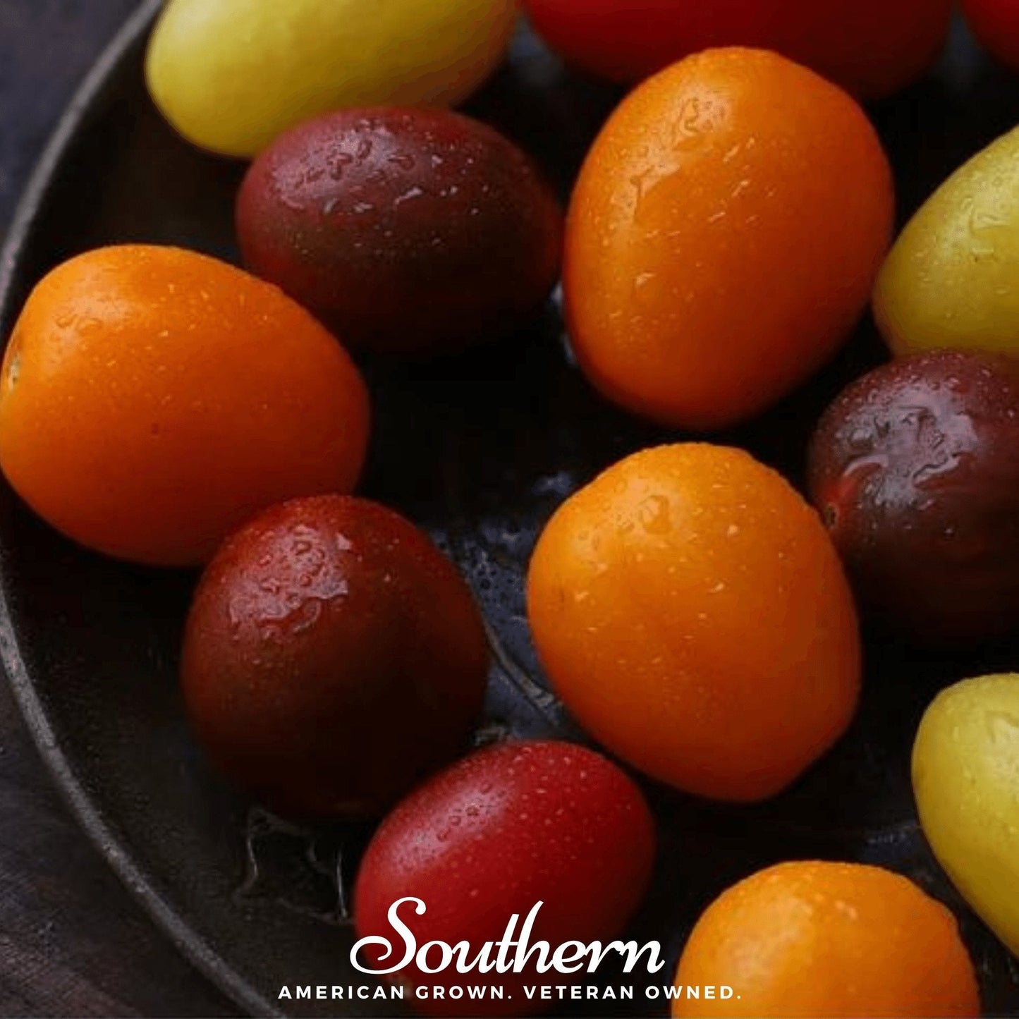 Colorful cherry tomatoes on a dark surface with 'Southern' brand text.