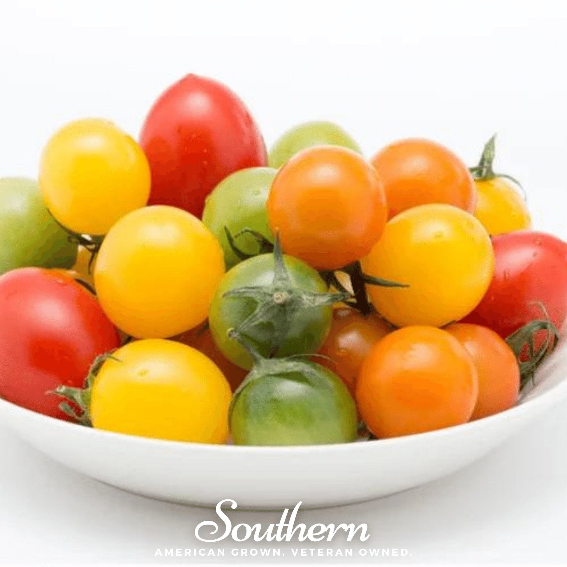 Assorted colorful cherry tomatoes in a white bowl with 'Southern' branding.