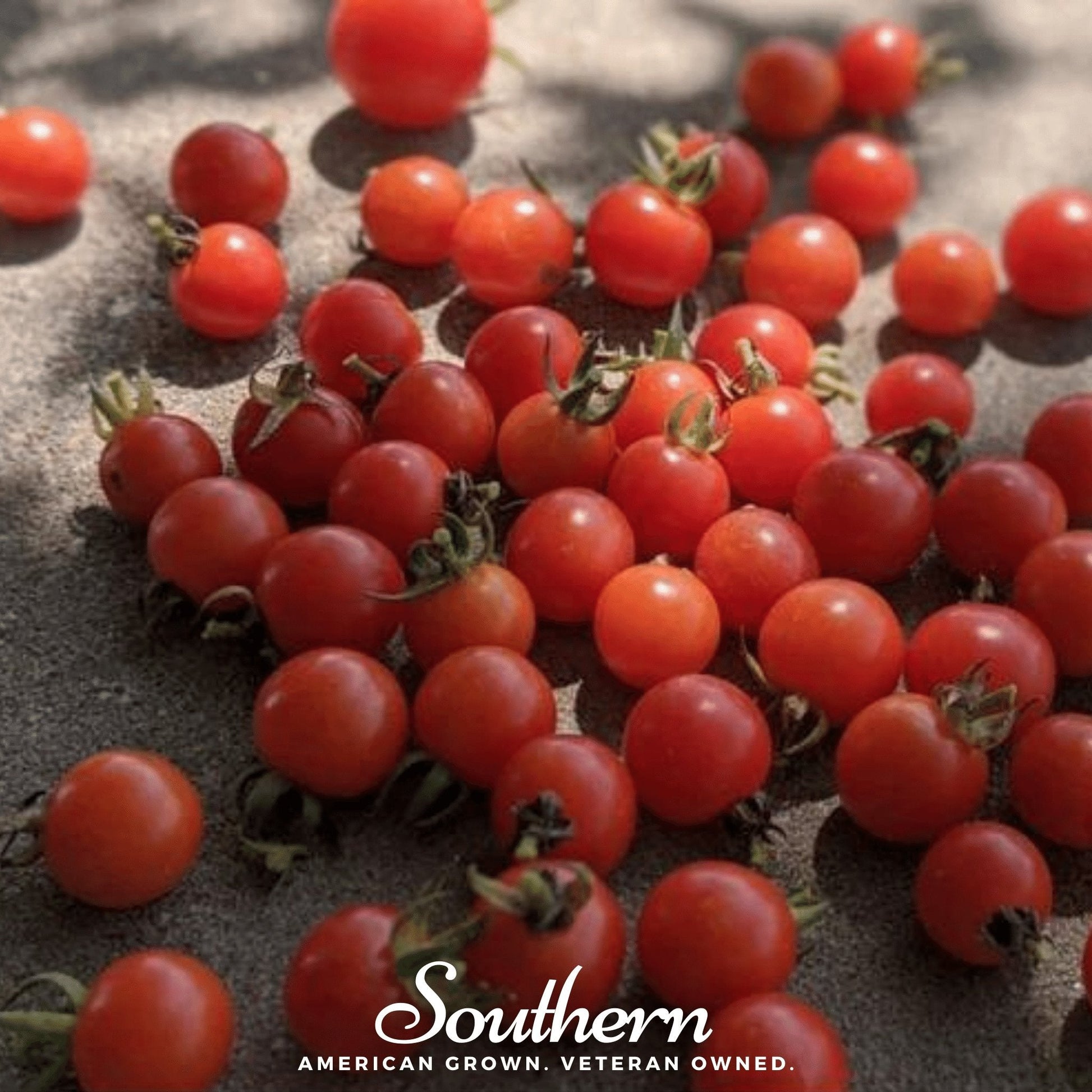 Red cherry tomatoes scattered on a surface with 'Southern' branding.