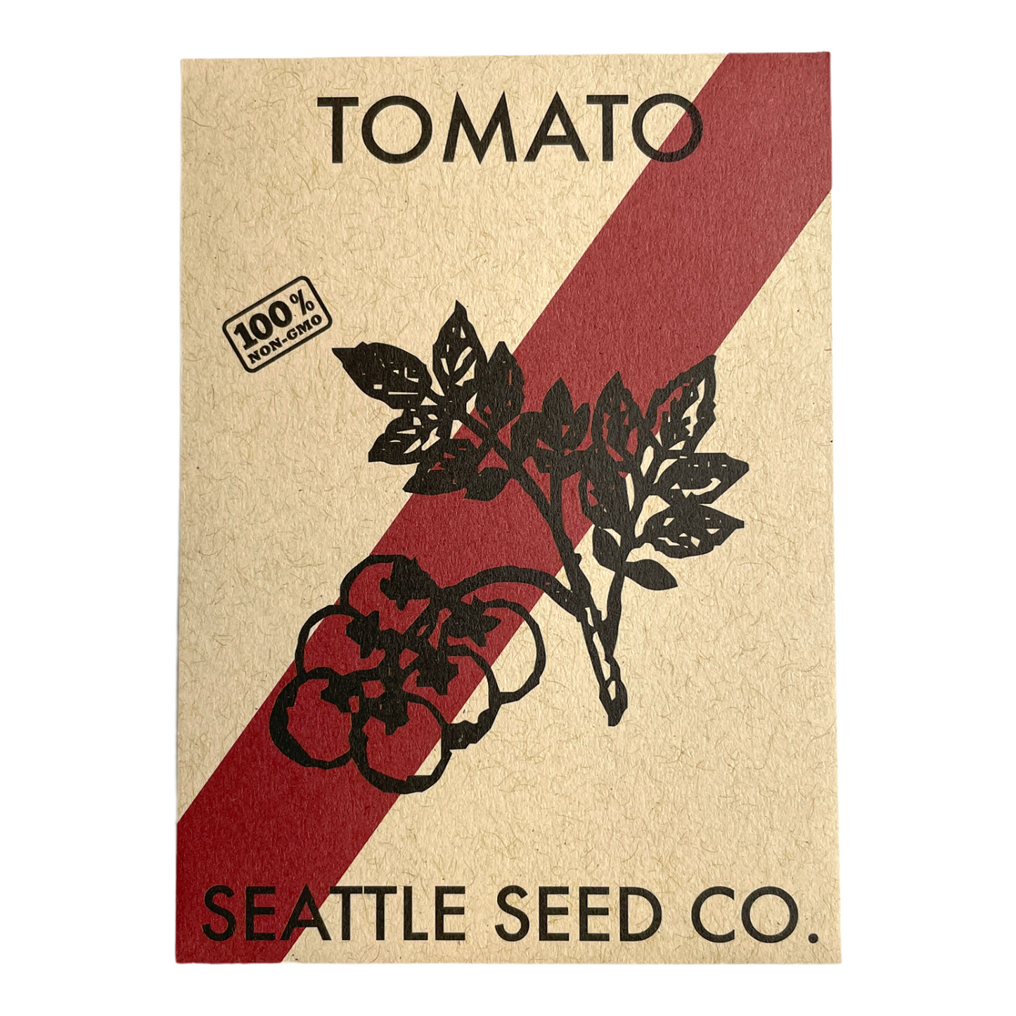 Seed packet for tomato seeds from Seattle Seed Co. with a red and white stripe design.