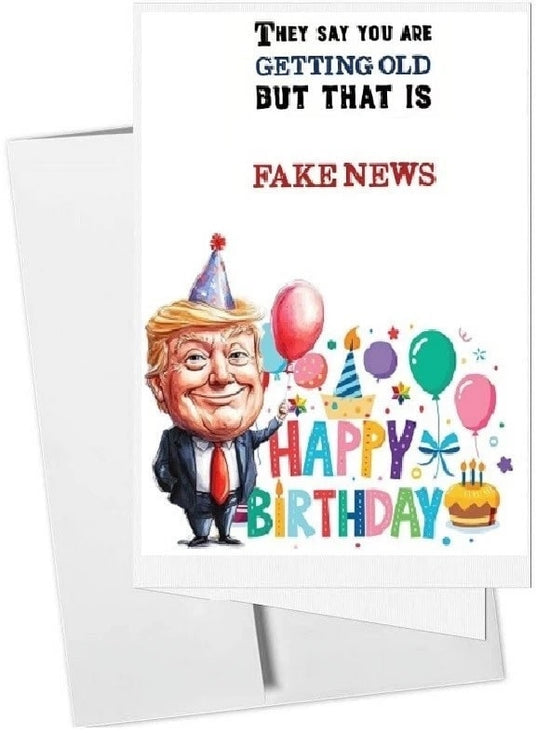 Birthday card with Donald Trump caricature holding balloons and text 'Happy Birthday' on a white background