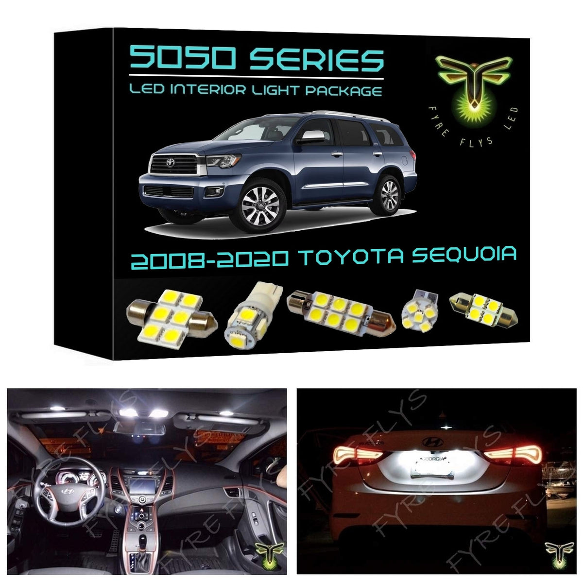 5050 Series LED Interior Light Package for 2008-2020 Toyota Sequoia on a black background with images of car interior and exterior lights.