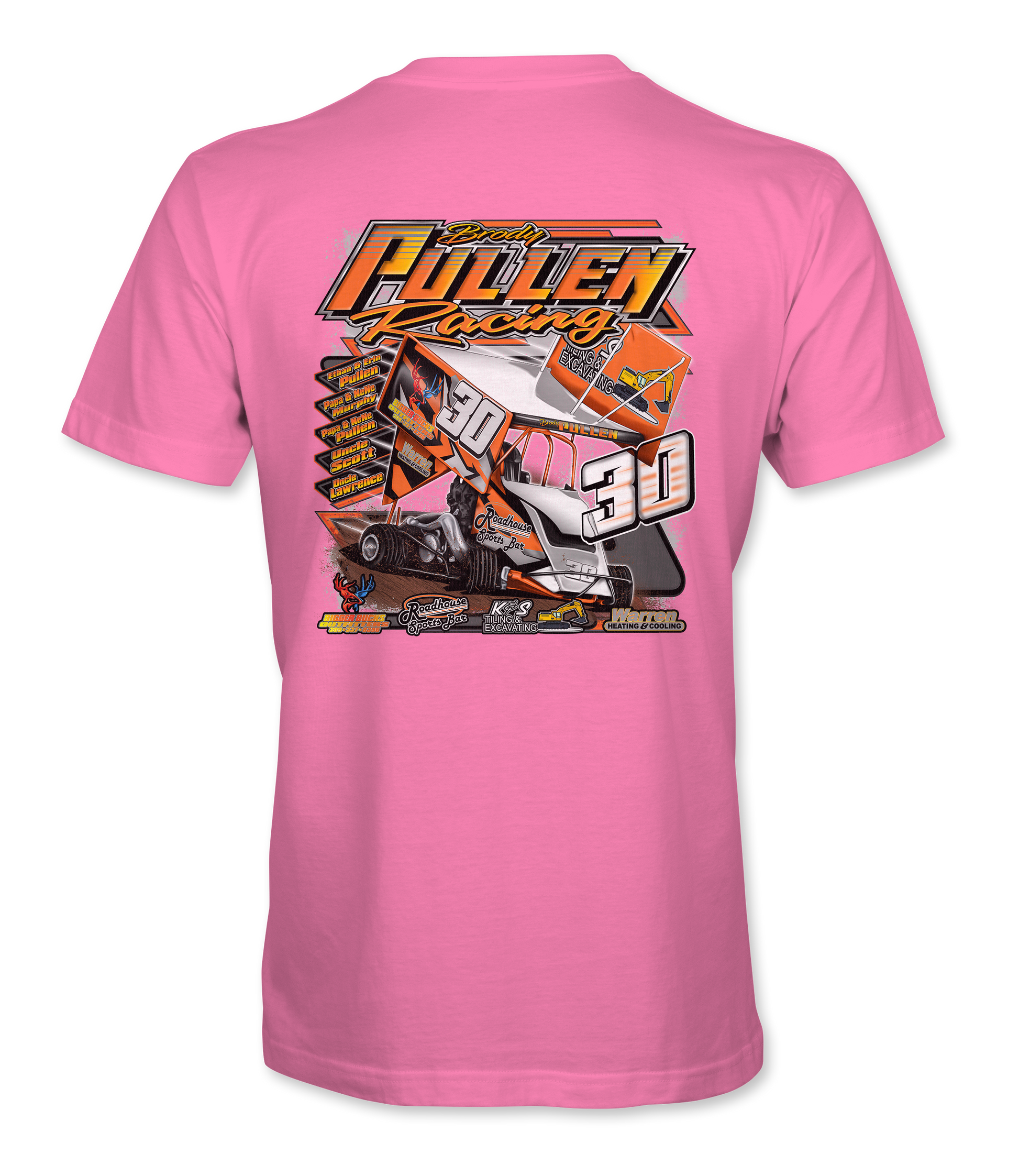 Pink t-shirt with racing graphic and text on a white background