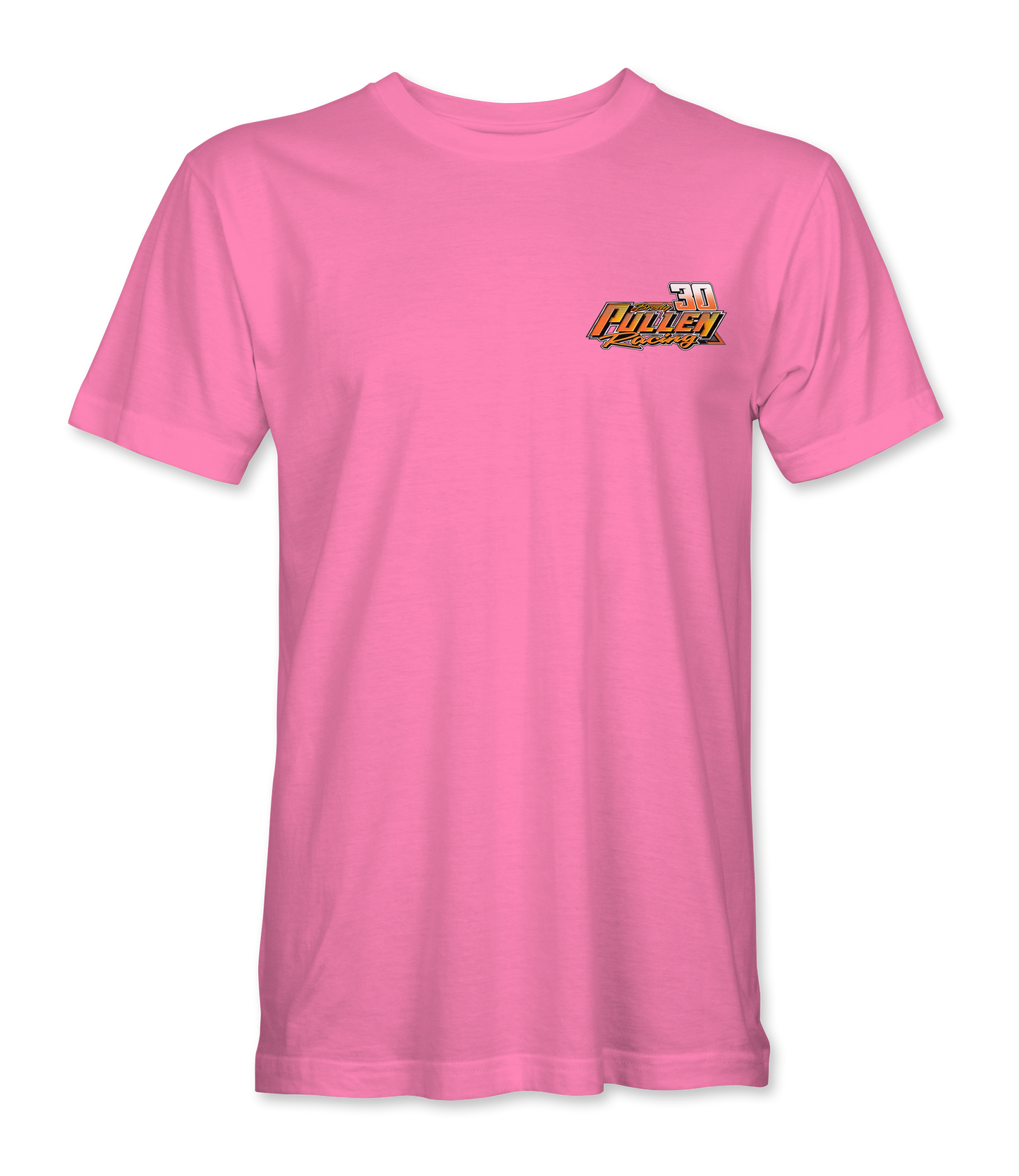 Pink t-shirt with a logo on the chest against a white background