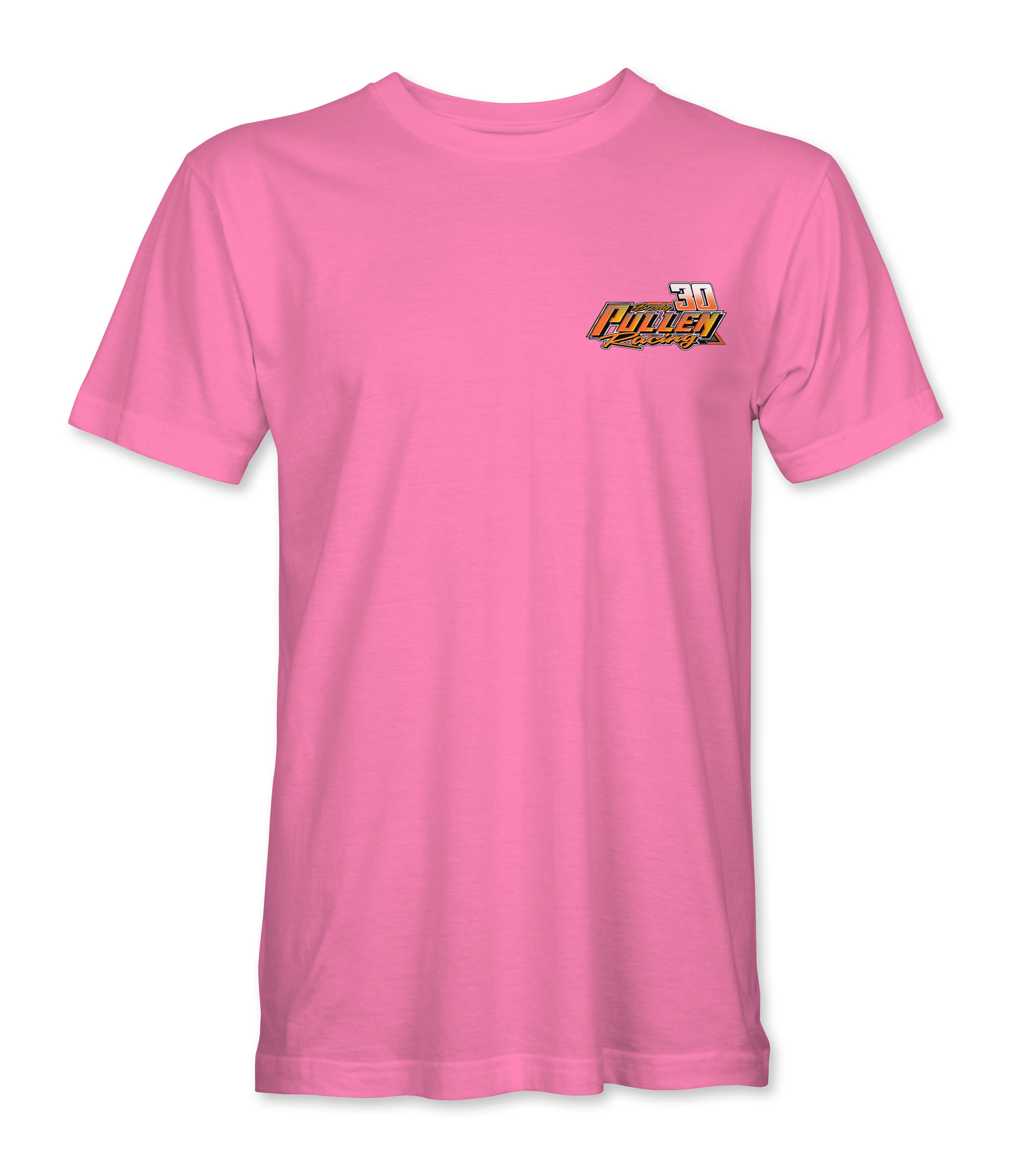 Pink t-shirt with a logo on the chest against a white background