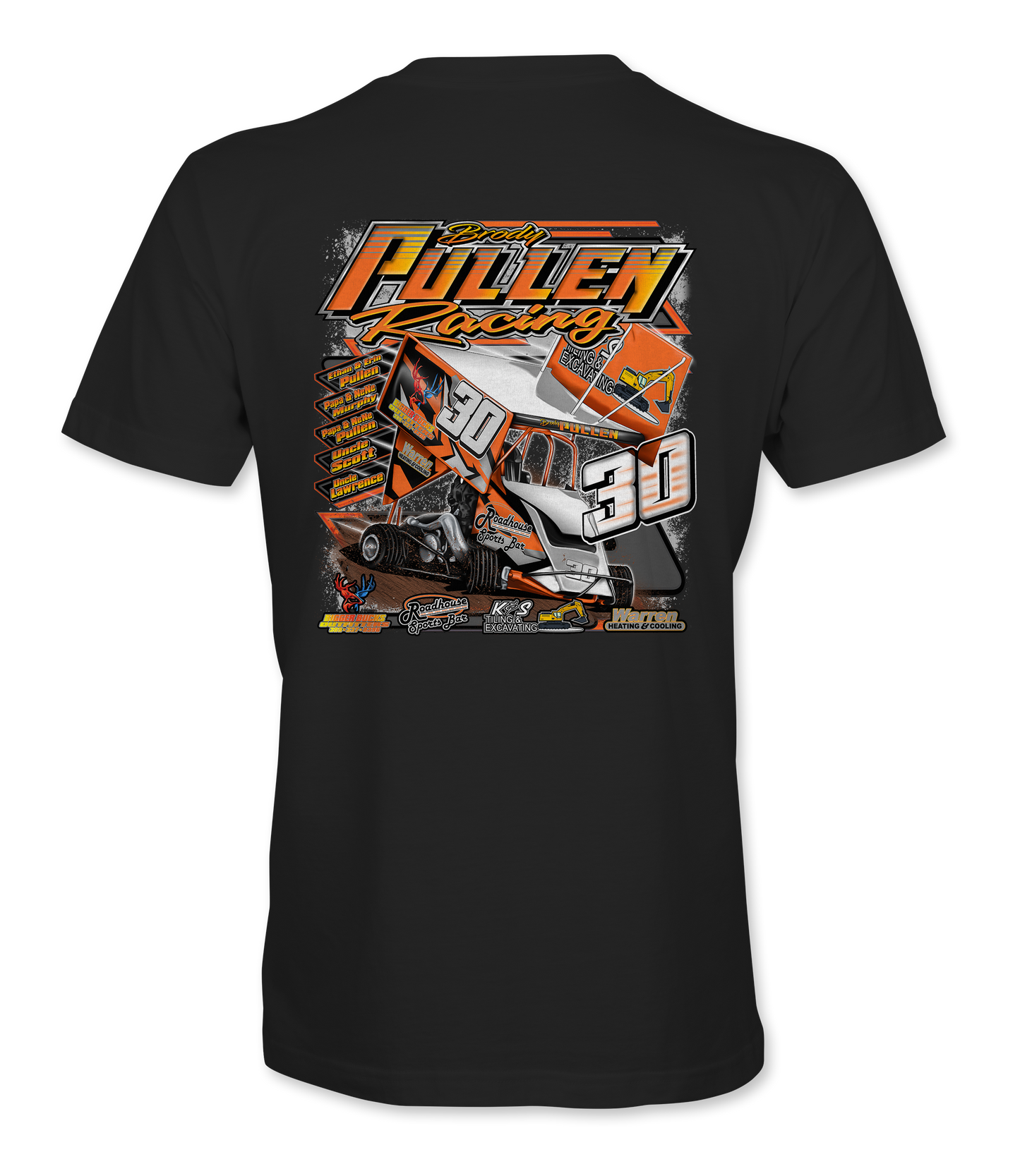 Black t-shirt with a racing graphic and text on the back