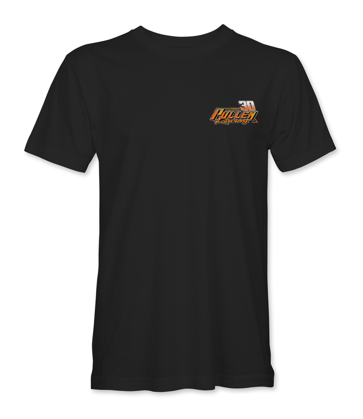 Black t-shirt with a logo on the chest against a white background