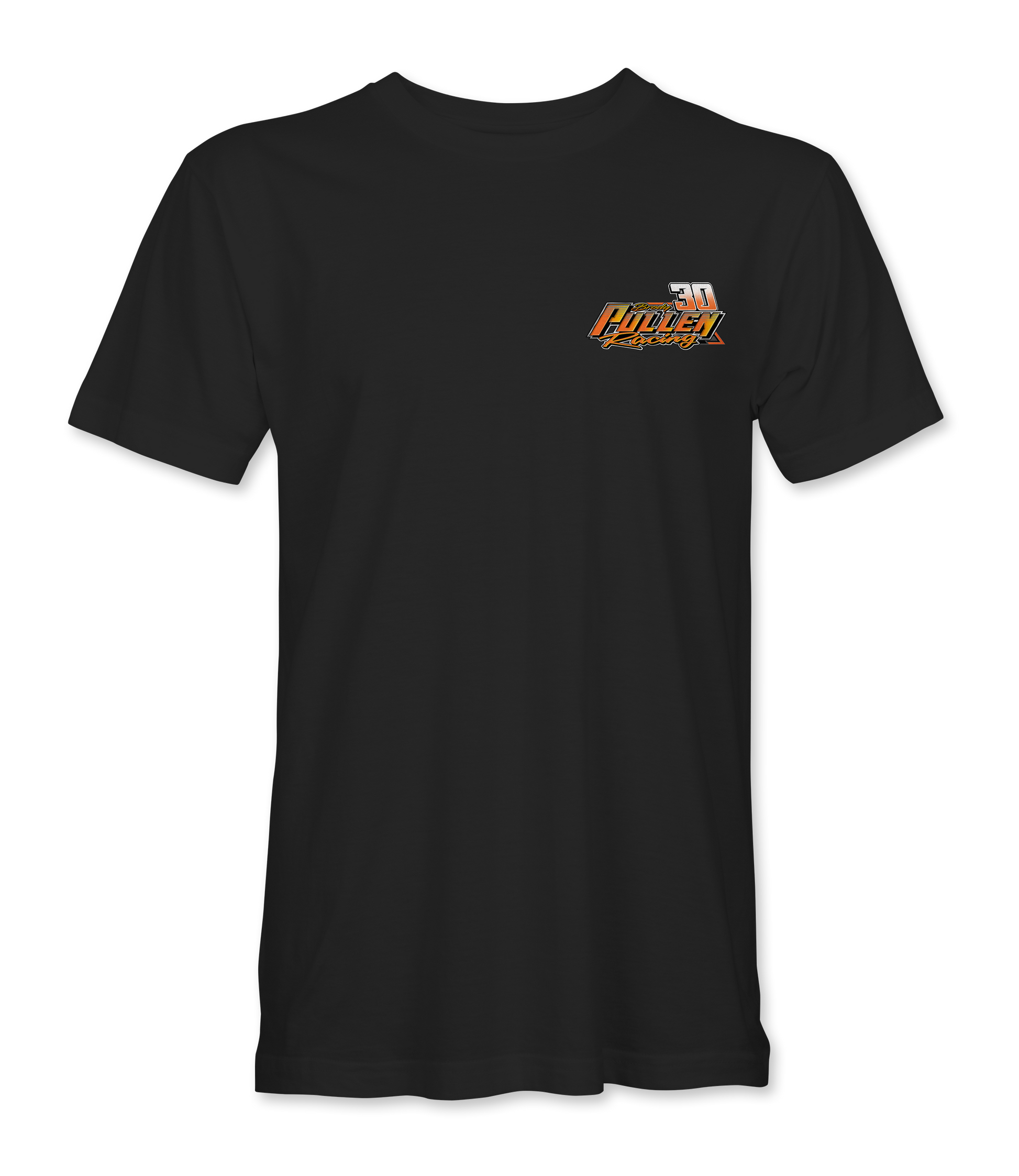 Black t-shirt with a logo on the chest against a white background
