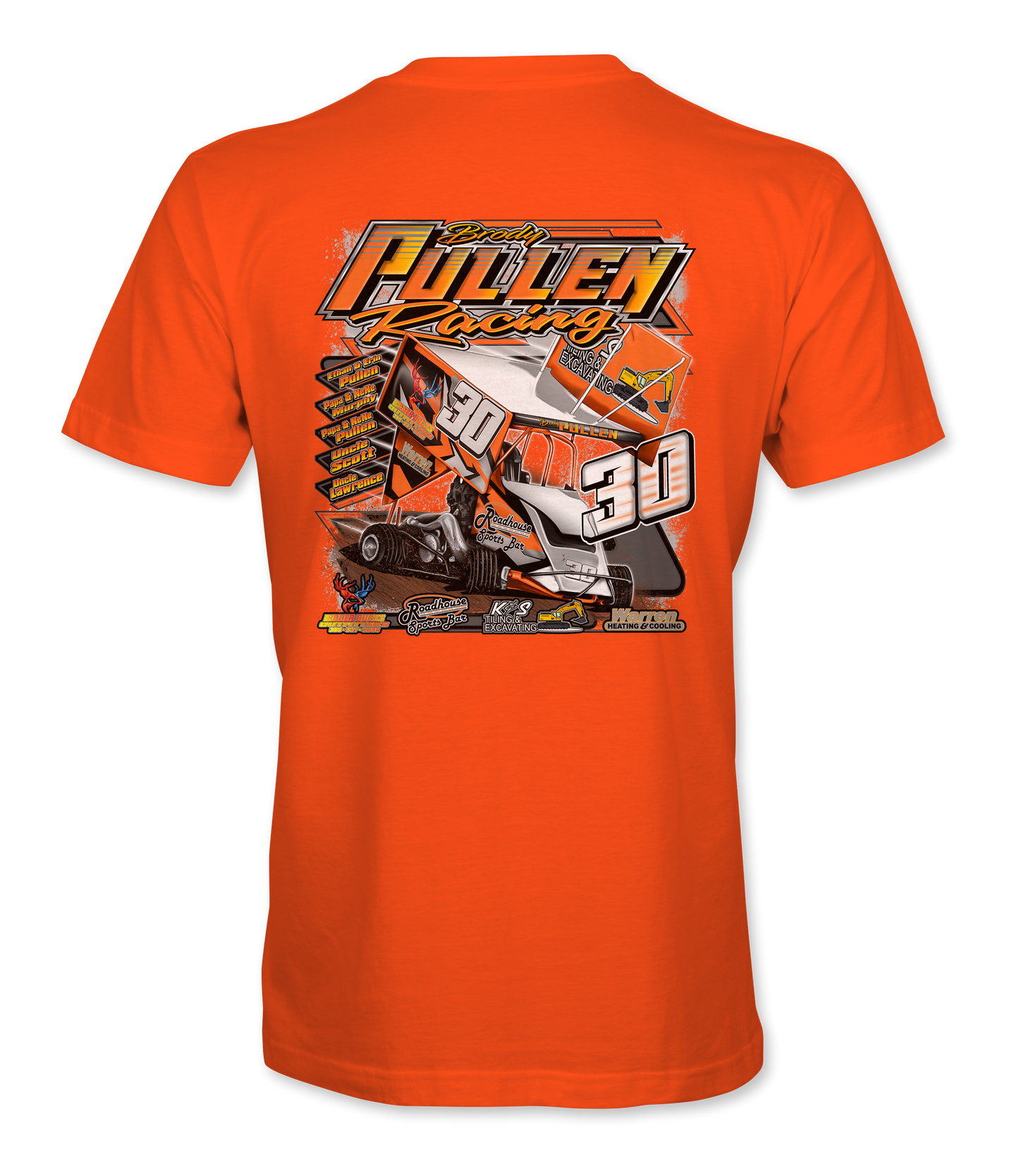 Orange t-shirt with a racing truck graphic and text on a white background