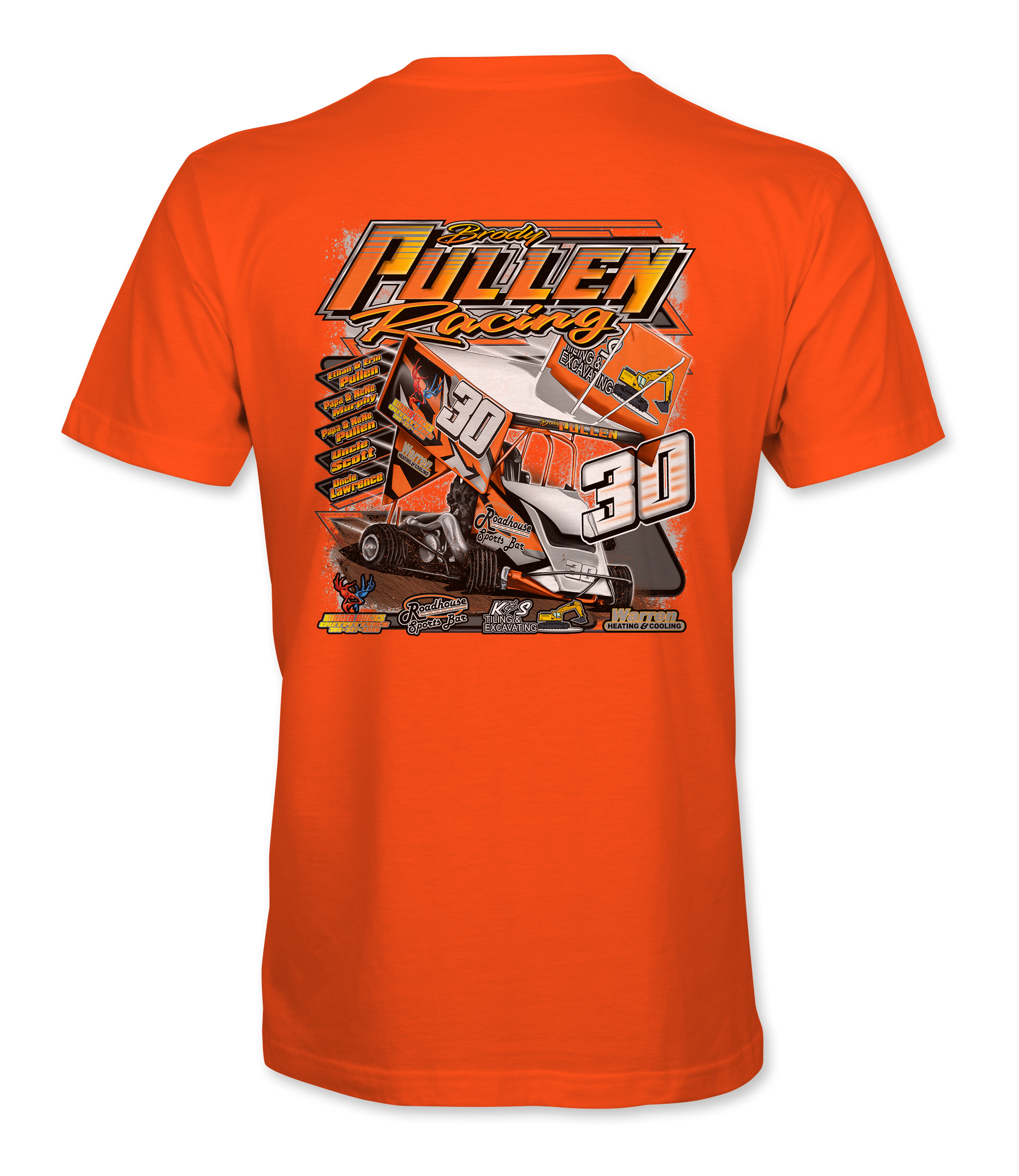 Orange t-shirt with a racing truck graphic and text on a white background