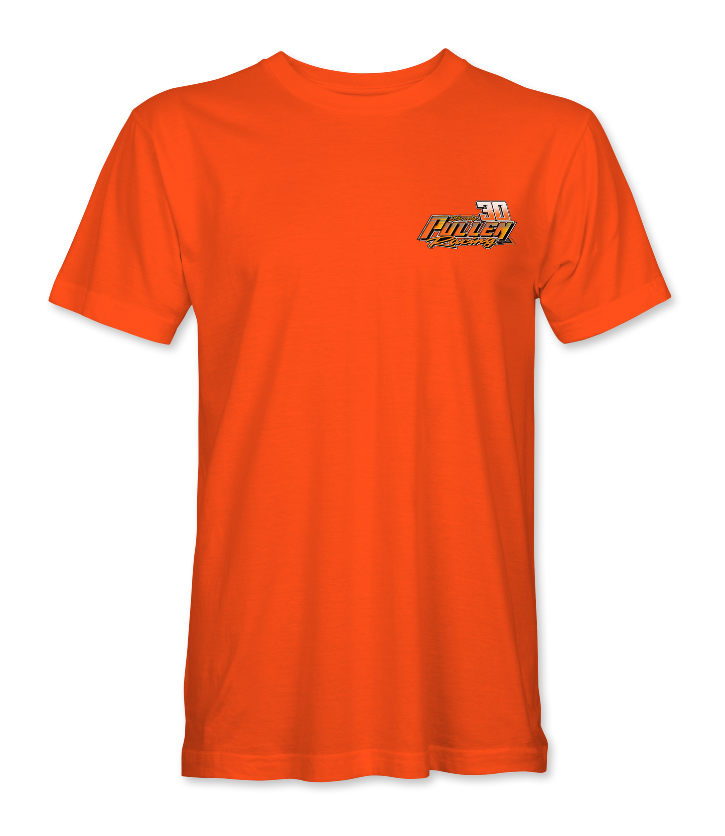 Orange t-shirt with a logo on the chest against a white background