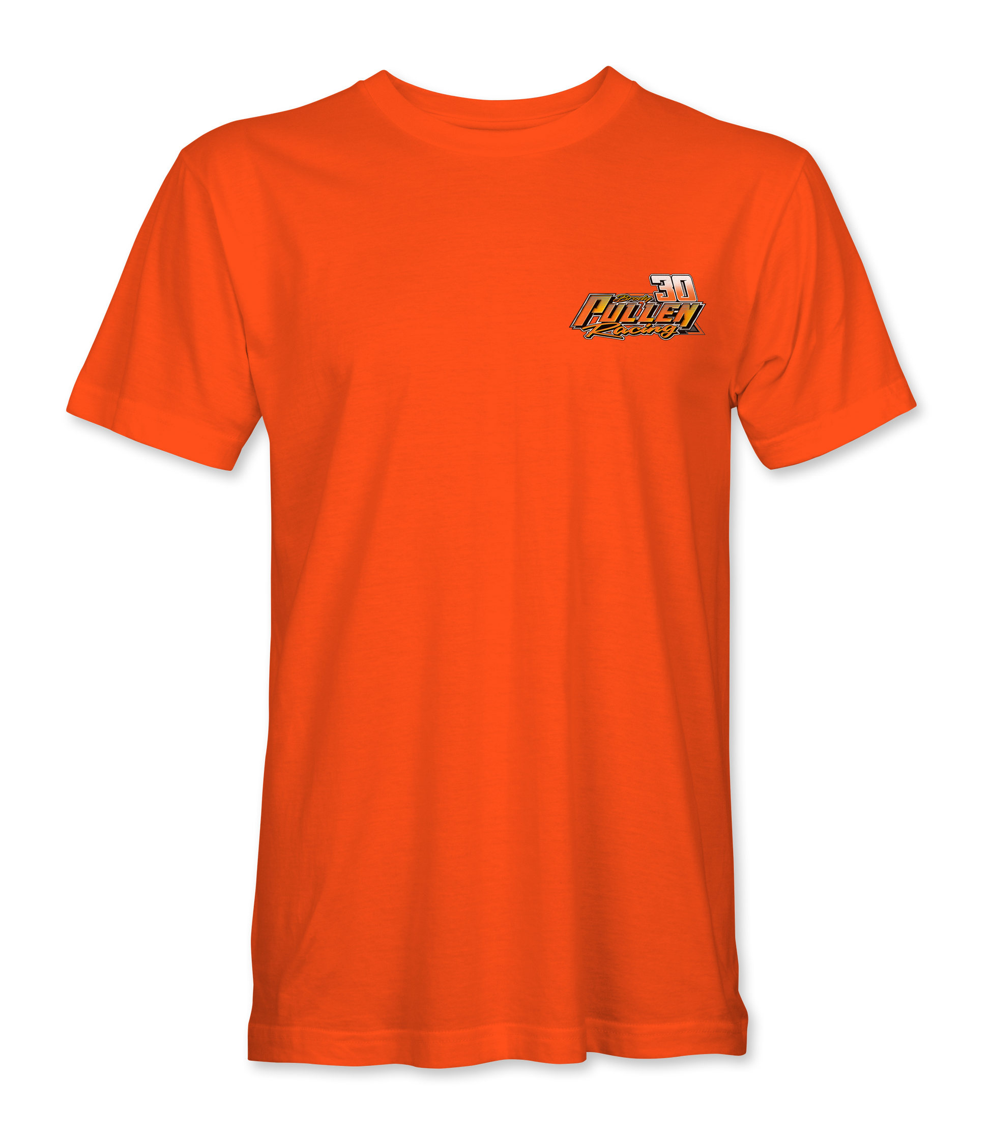 Orange t-shirt with a logo on the chest against a white background