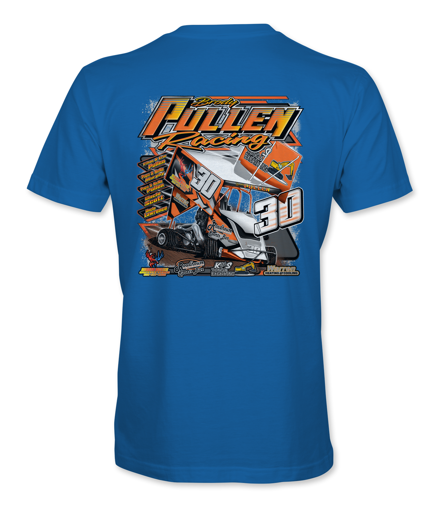 Blue t-shirt with a racing graphic and text on the back