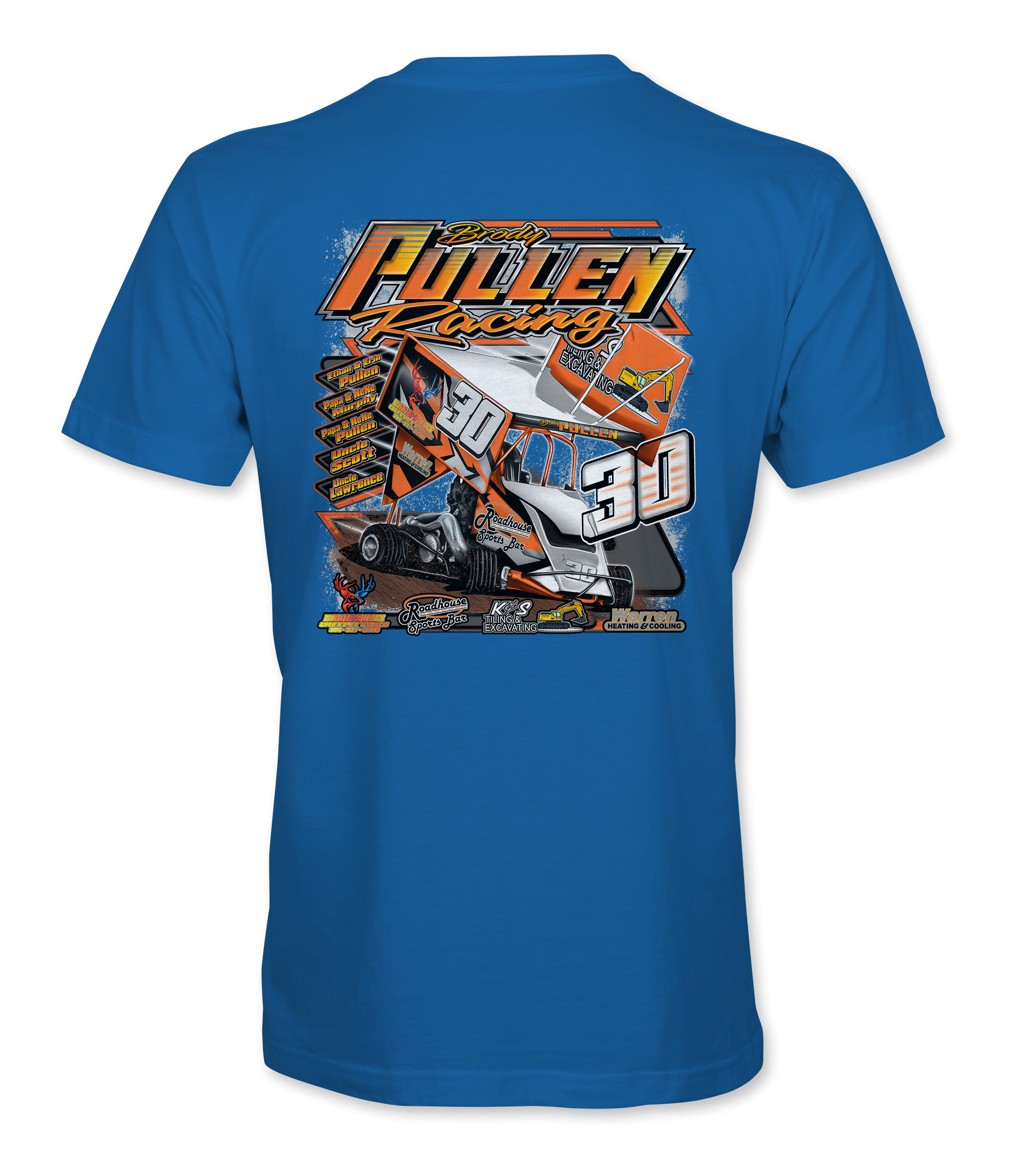 Blue t-shirt with a racing graphic and text on the back