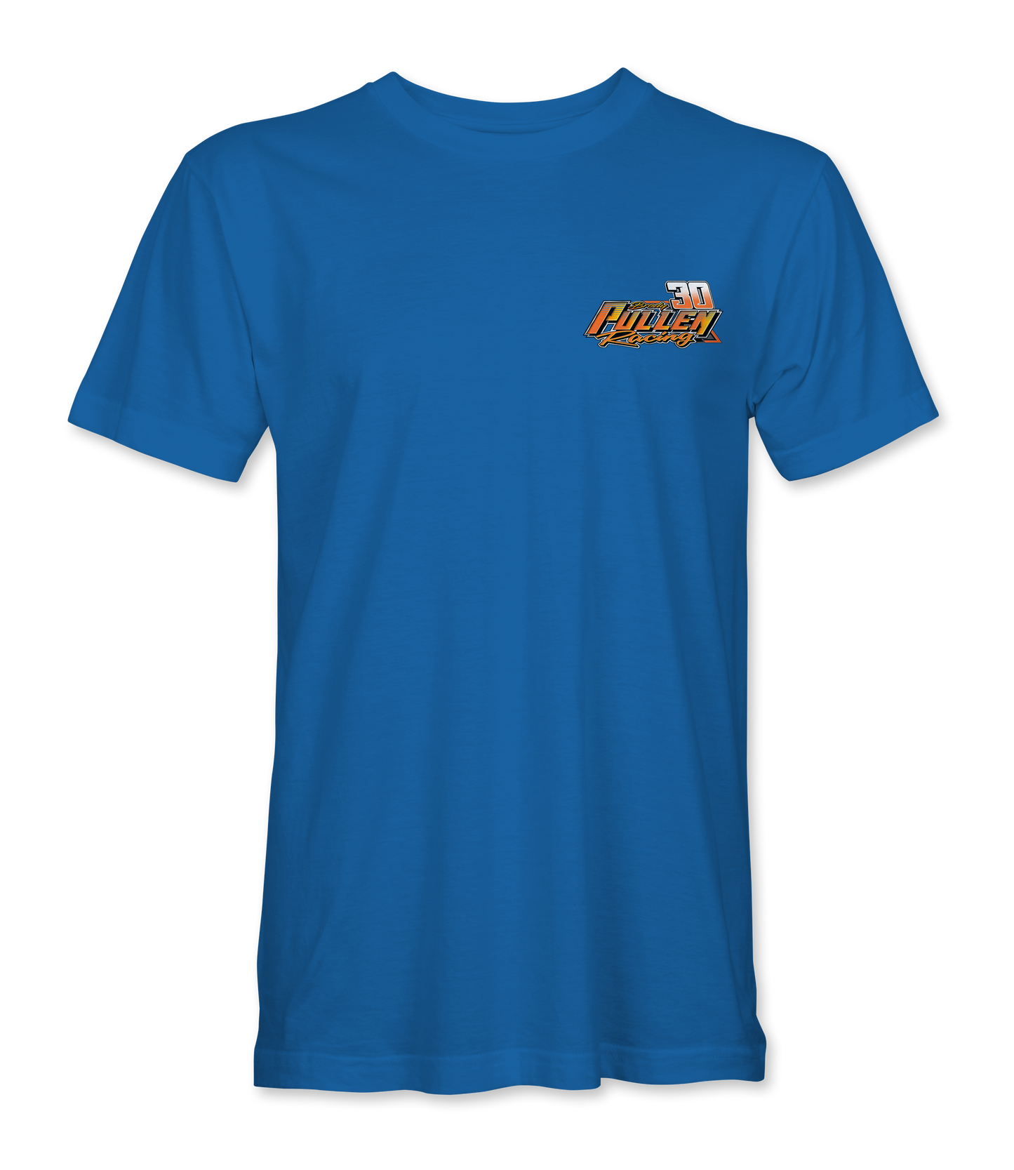 Blue t-shirt with a logo on the chest against a white background