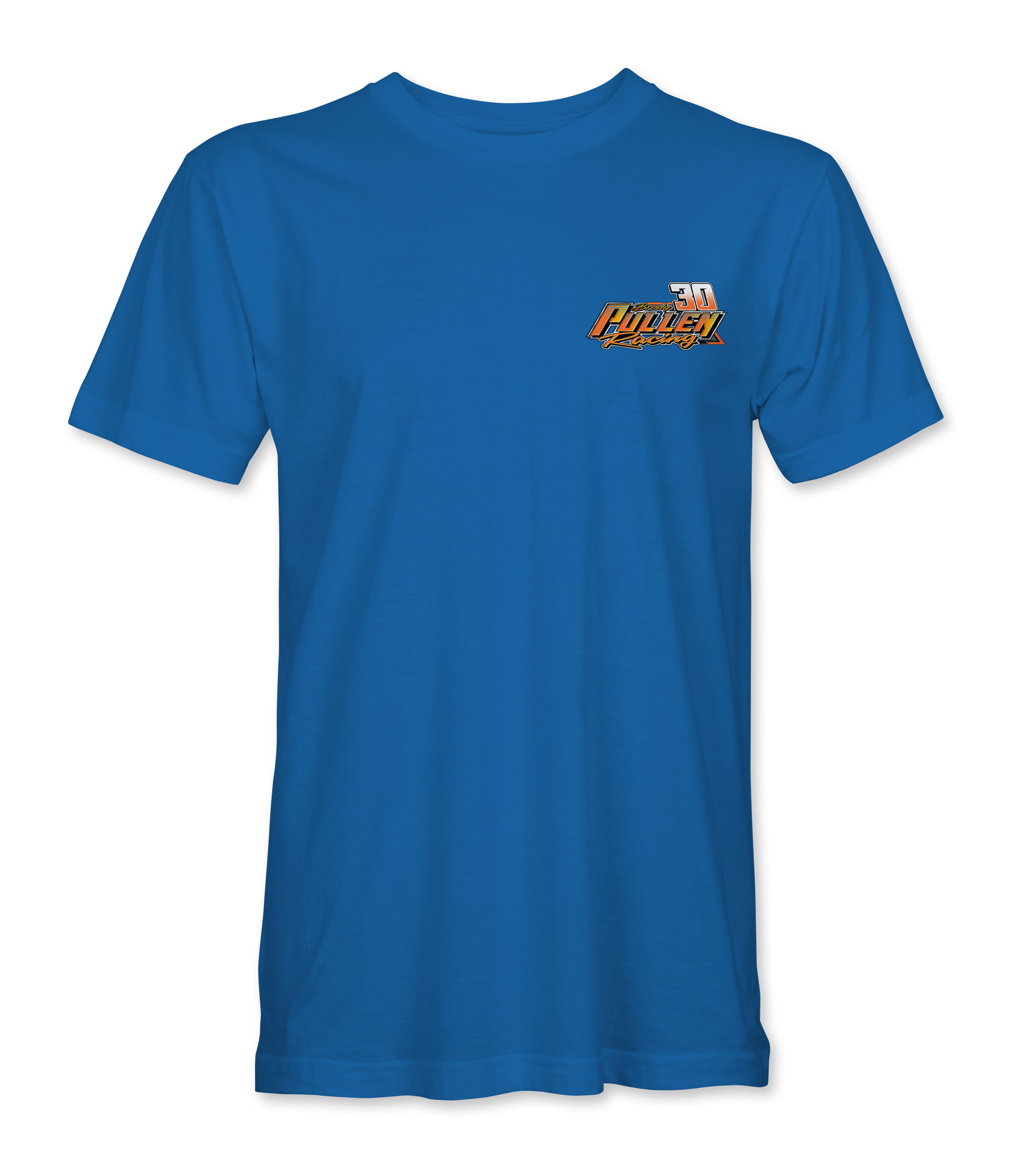 Blue t-shirt with a logo on the chest against a white background