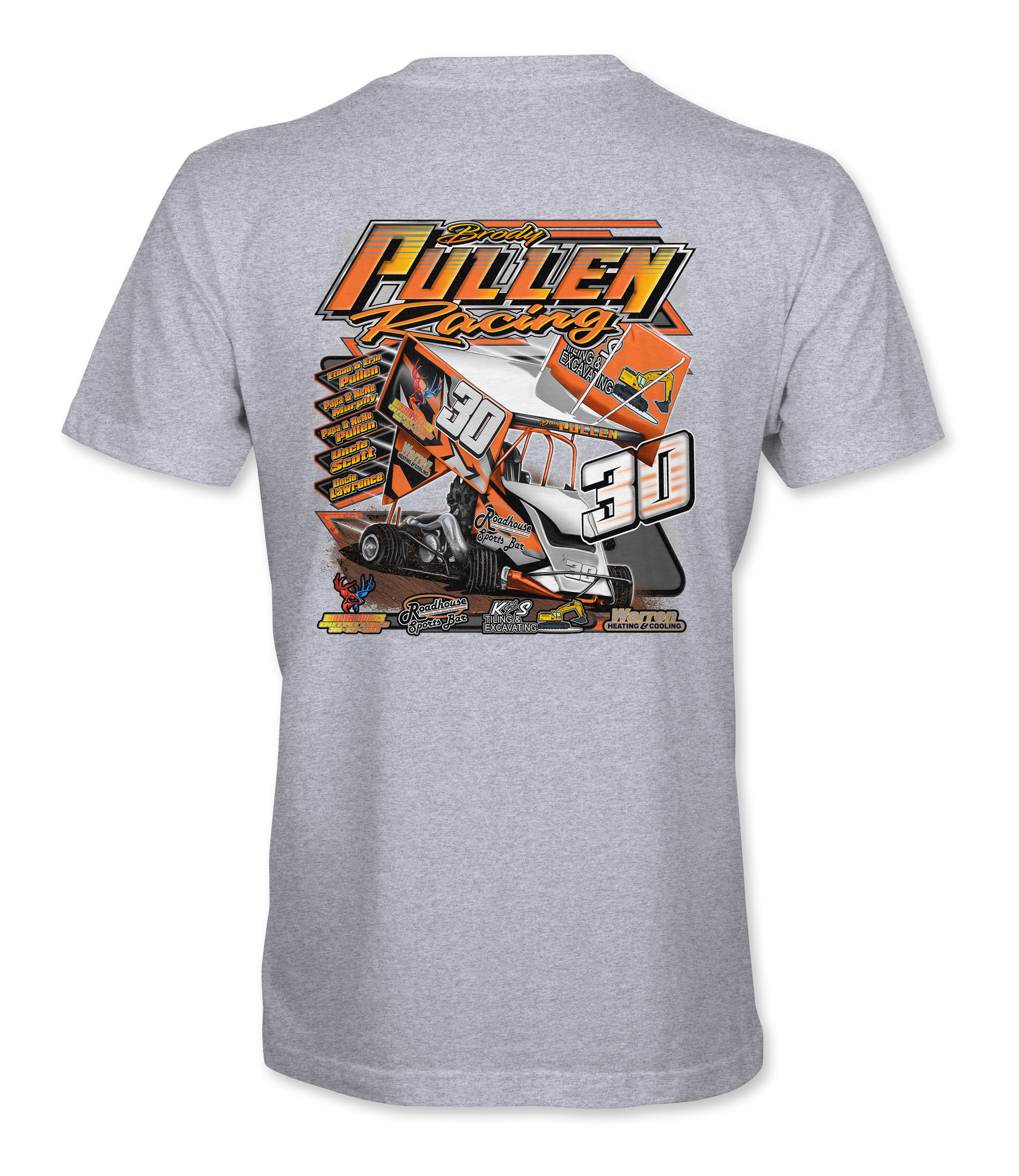 Gray t-shirt with a racing graphic and text on the back, on a white background
