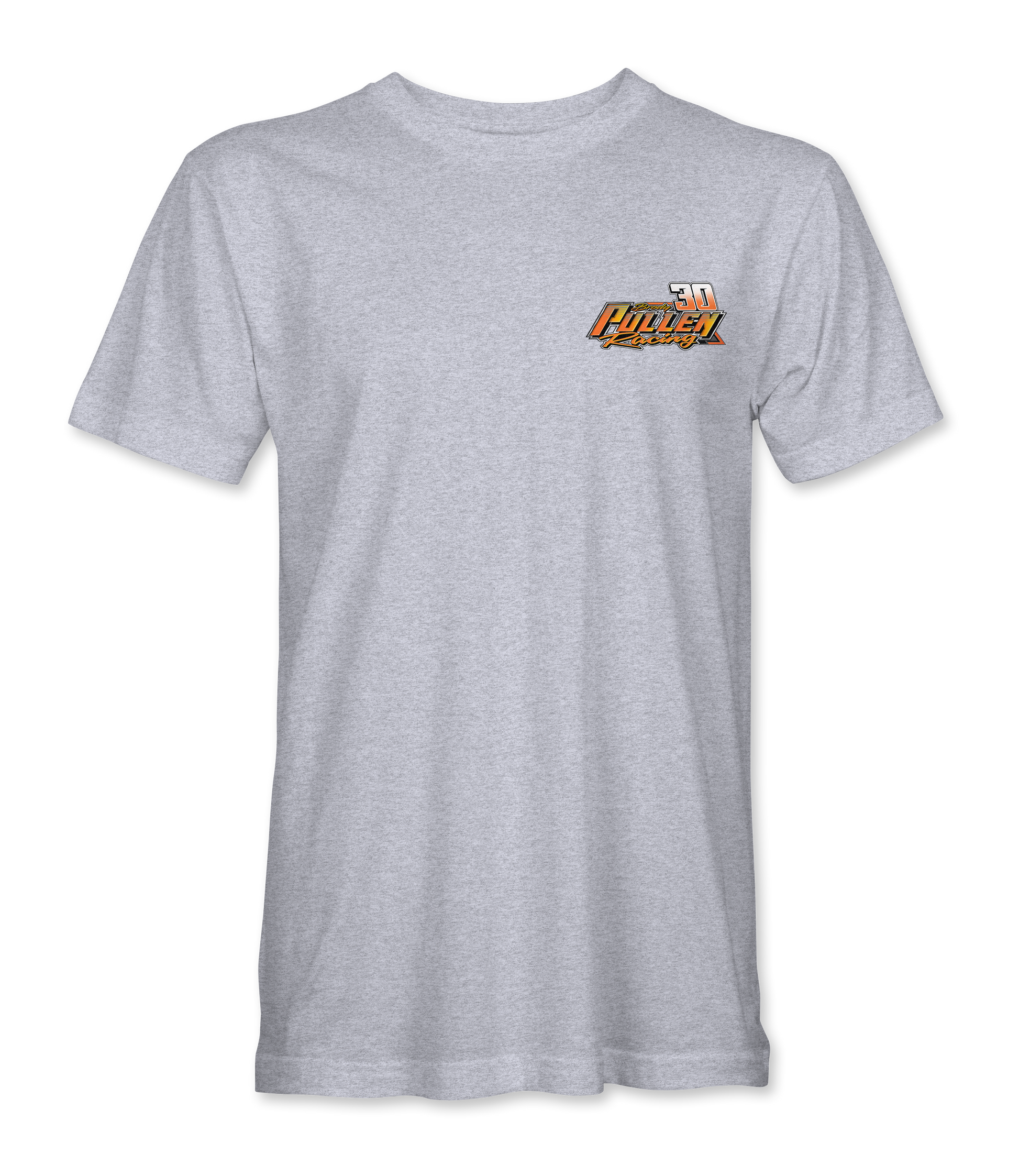 Gray t-shirt with a logo on the chest against a white background