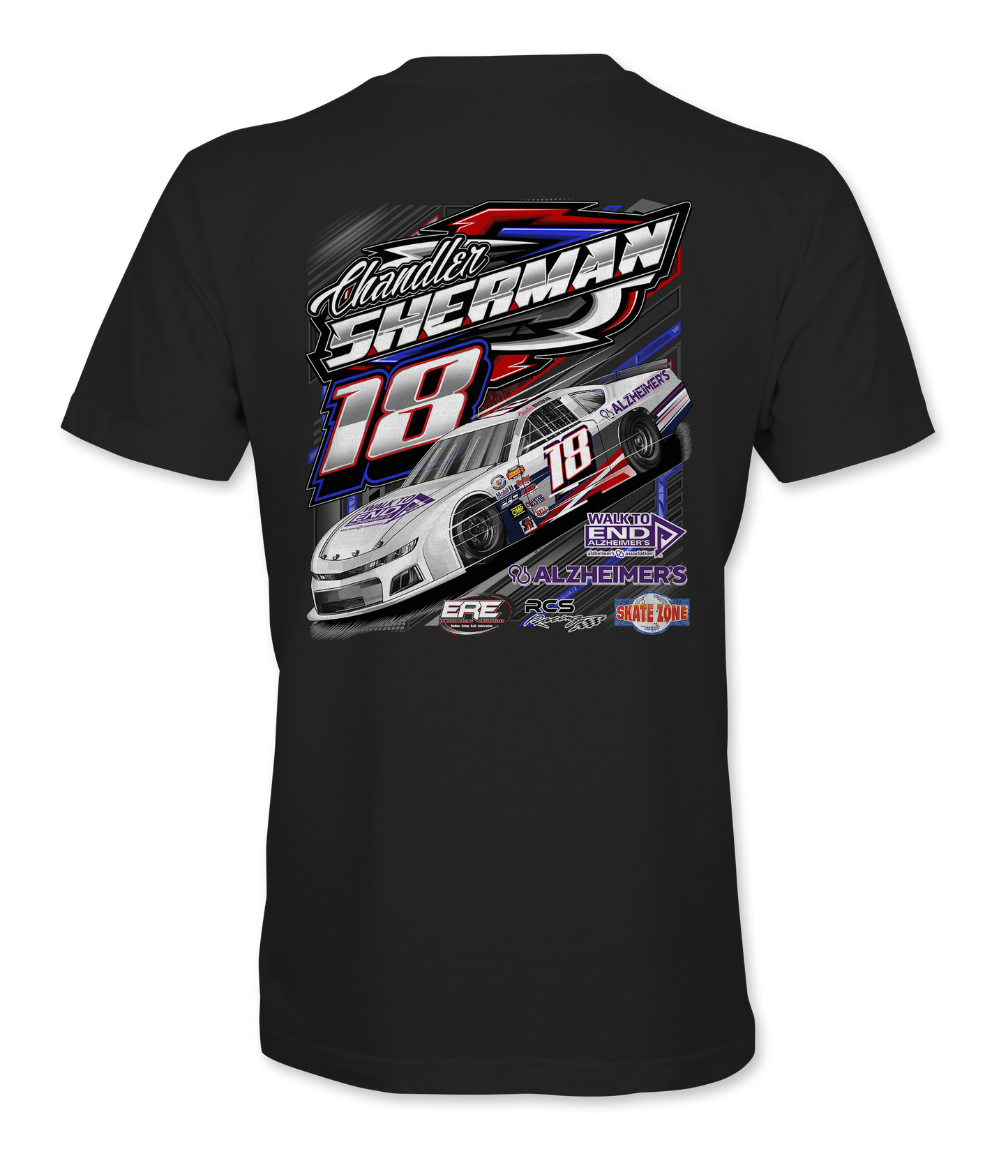 Black t-shirt with a race car graphic and text on a white background