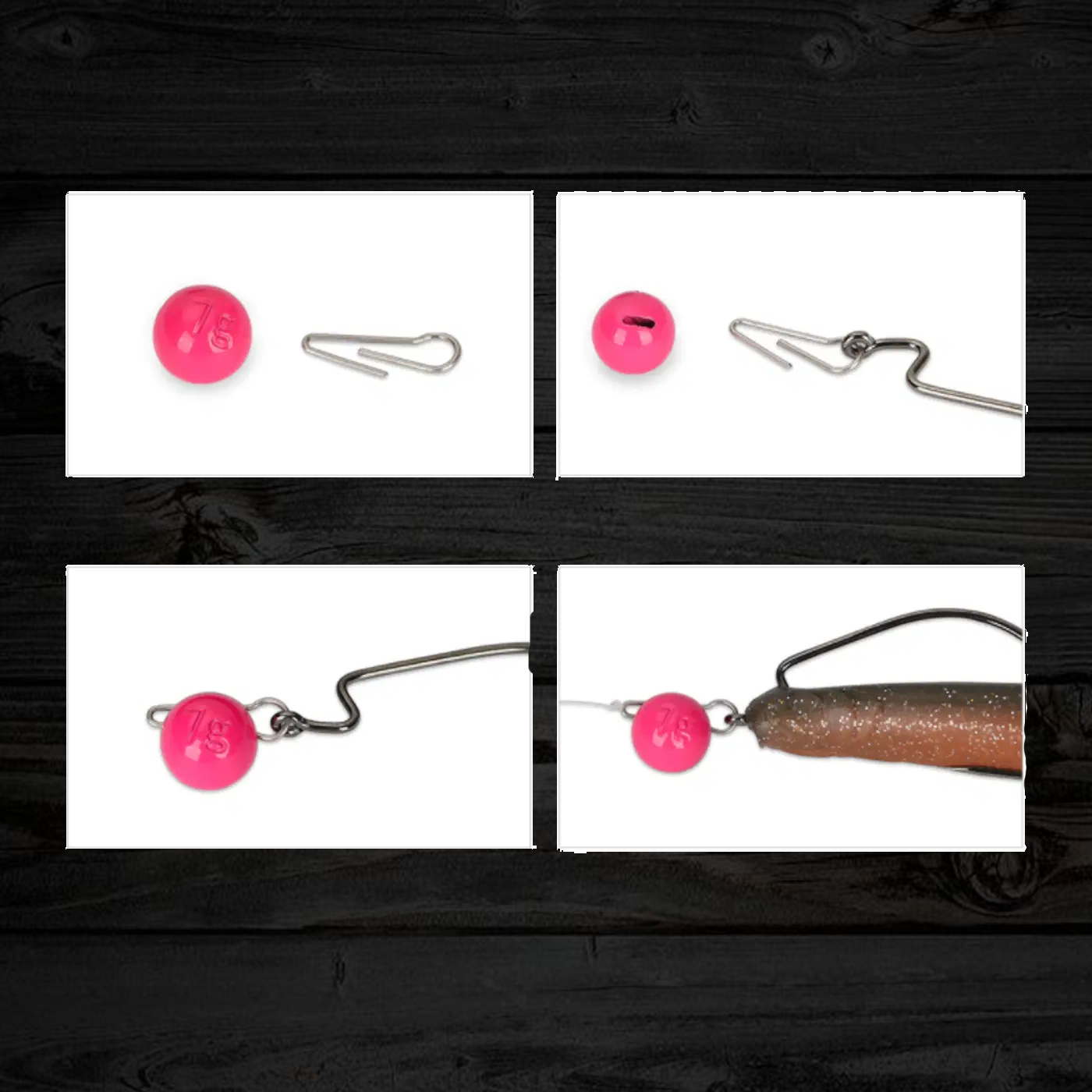 Fishing lure with pink bead and metal hook on a dark wooden background