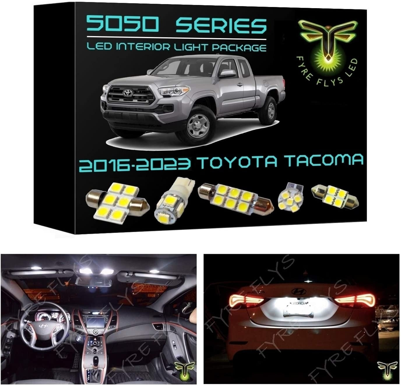 Fyre Flys LED interior light package for 2016-2023 Toyota Tacoma with product packaging and installation examples.