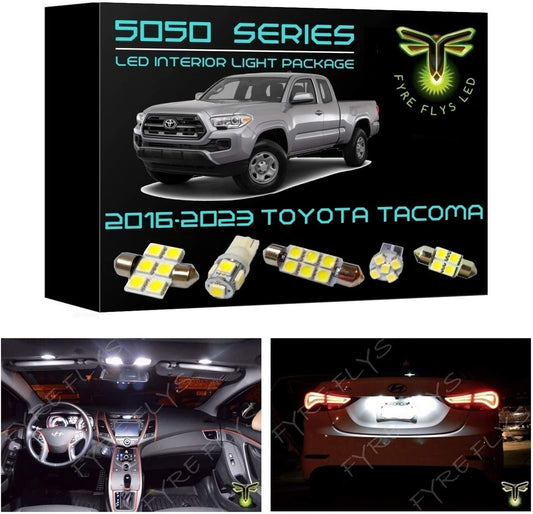 Fyre Flys LED interior light package for 2016-2023 Toyota Tacoma with product packaging and installation examples.
