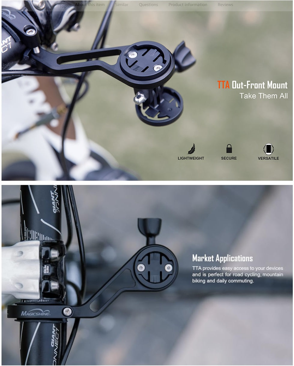 Bicycle handlebar mount with TTA Out-Front Mount branding and features listed.