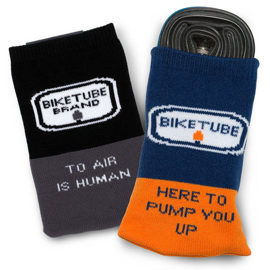 Two bike tube sleeves with text and branding on a white background