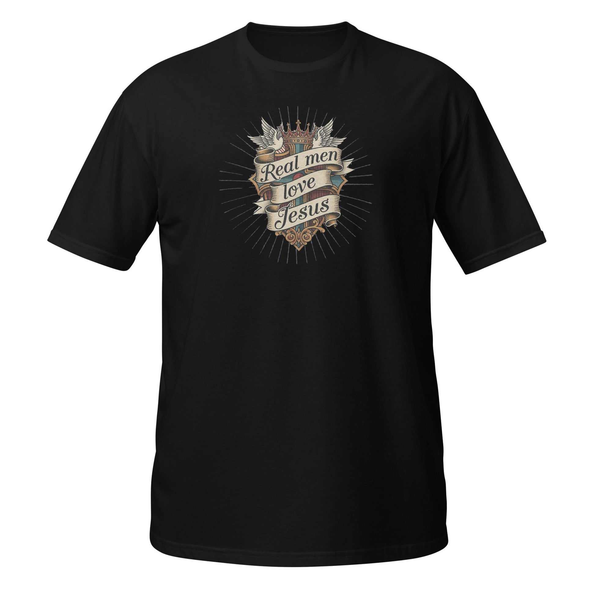 Black t-shirt with 'Real men love Jesus' graphic design on a white background