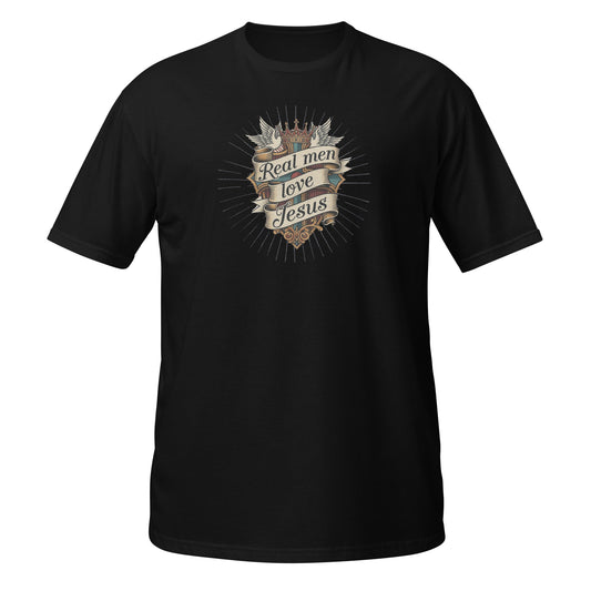 Black t-shirt with 'Real men love Jesus' graphic design on a white background