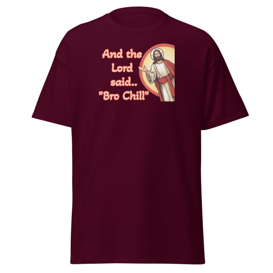 Maroon t-shirt with graphic and text on a white background