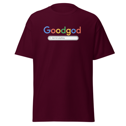 Maroon t-shirt with colorful 'Goodgod' text design on a white background