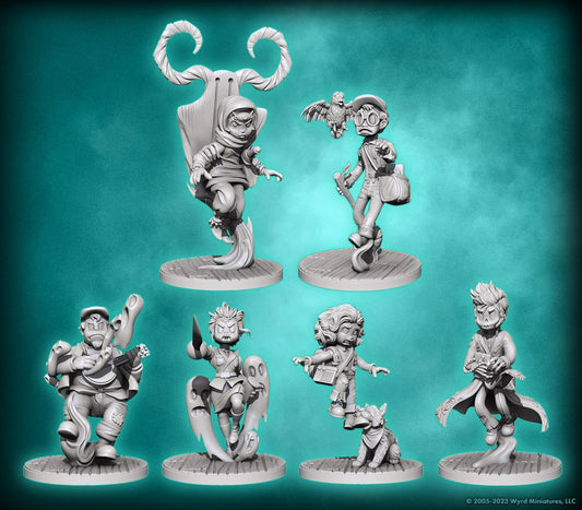 Set of six gray miniature figurines on a teal background