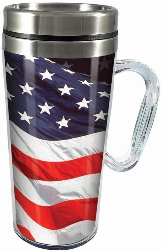 American Flag Insulated Travel Mug, 14 ounces Hot or Cold Beverages