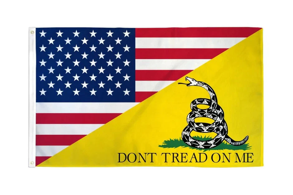 Flag with American flag design on left and 'Don't Tread on Me' Gadsden Flag symbol on right